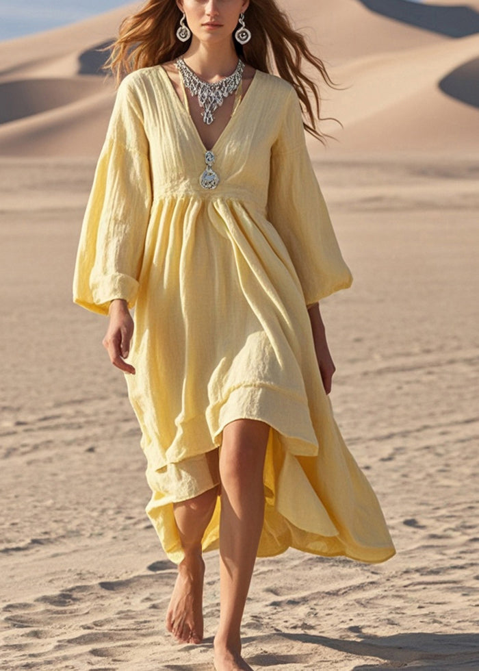 Yellow Exra Large Hem Cotton Holiday Dress Spring