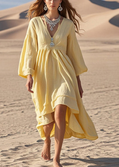 Yellow Exra Large Hem Cotton Holiday Dress Spring