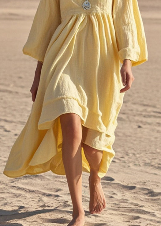 Yellow Exra Large Hem Cotton Holiday Dress Spring