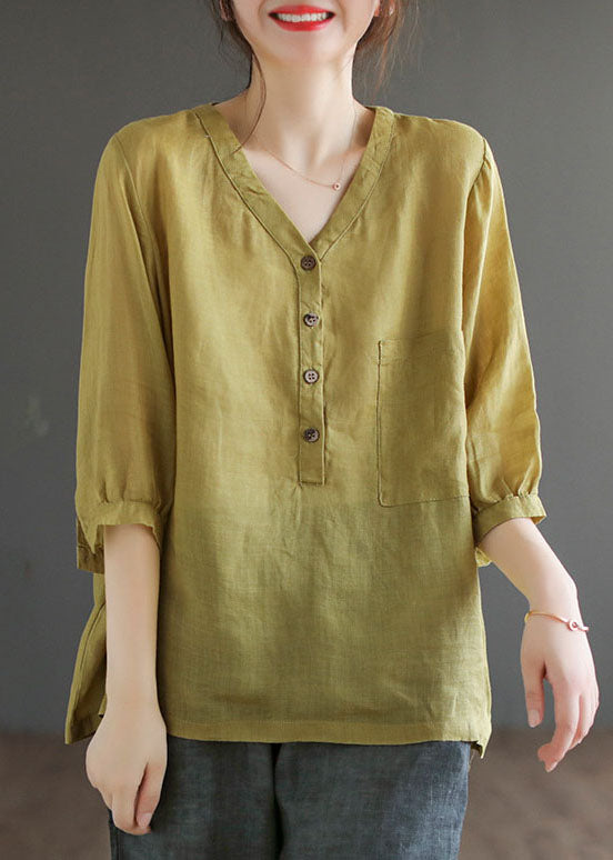 Yellow Green V Neck Button Color Linen Shirts Bracelet Sleeve