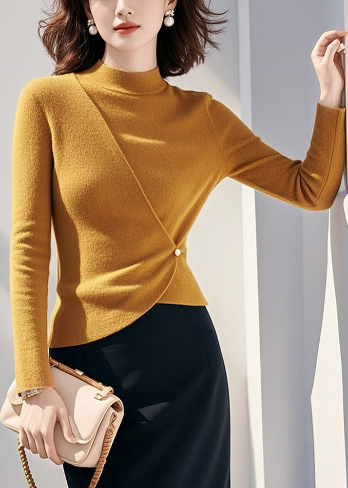 Yellow Half High Neck Asymmetrical Knit Sweaters Spring