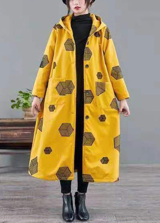 Yellow Hooded Pockets Print Warm Fleece Coat Winter