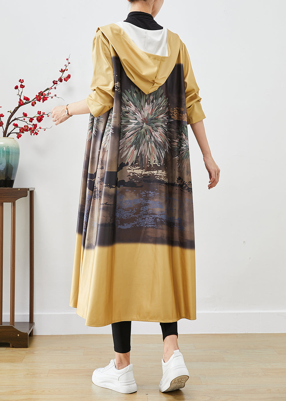 Yellow Hooded Print Cotton Trench Coats Fall