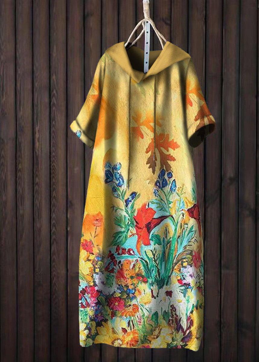 Yellow Hooded Print Patchwork Cotton T Shirt Dress Summer