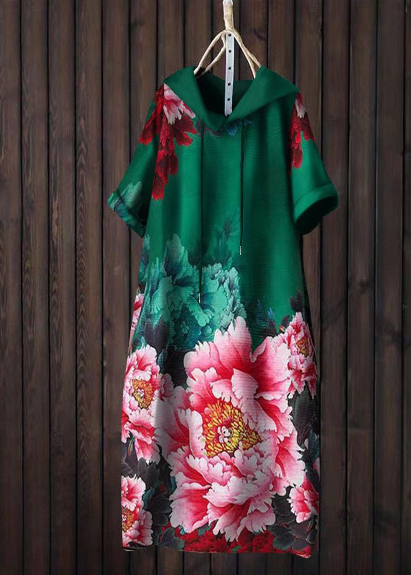 Yellow Hooded Print Patchwork Cotton T Shirt Dress Summer