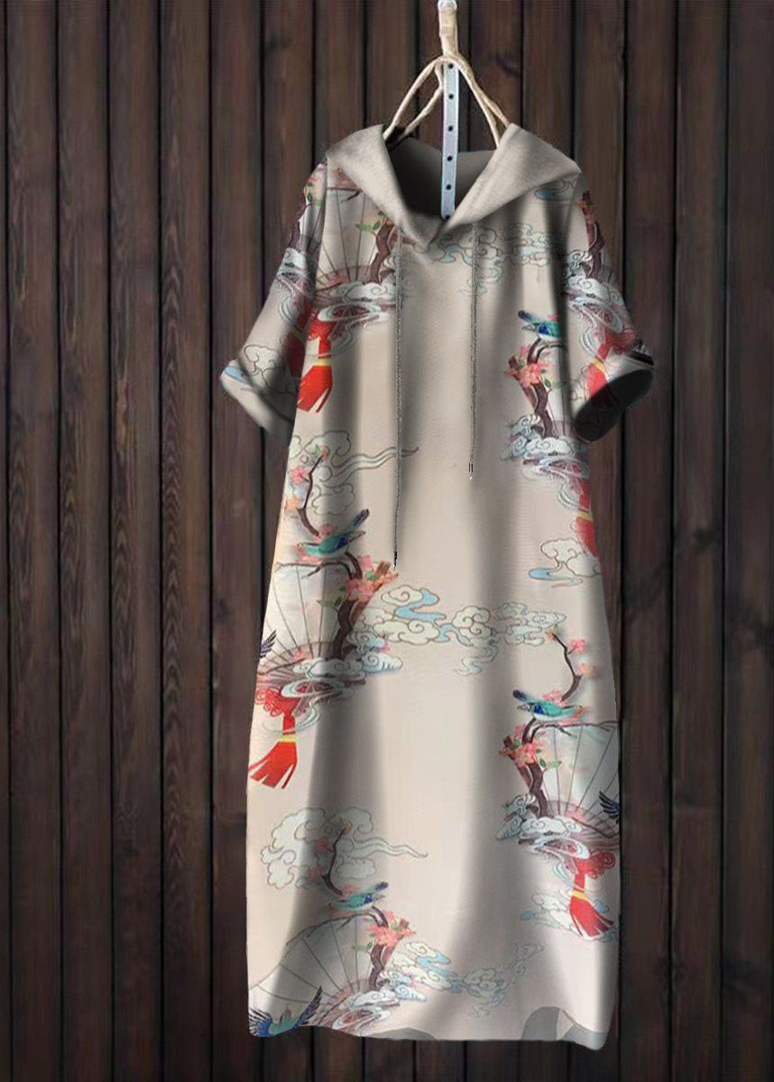 Yellow Hooded Print Patchwork Cotton T Shirt Dress Summer
