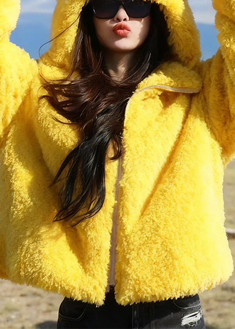 Yellow Hooded Rabbit Ears Zippered Fluffy Coats Winter