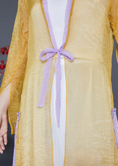 Yellow Lace Up Patchwork Chiffon Upf 50+ Cardigan Summer