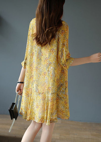Yellow Lace Up Patchwork Print Chiffon Party Dress Summer