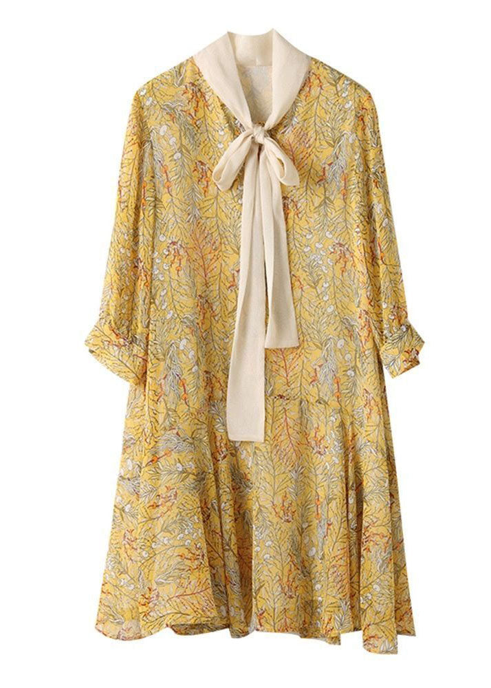 Yellow Lace Up Patchwork Print Chiffon Party Dress Summer