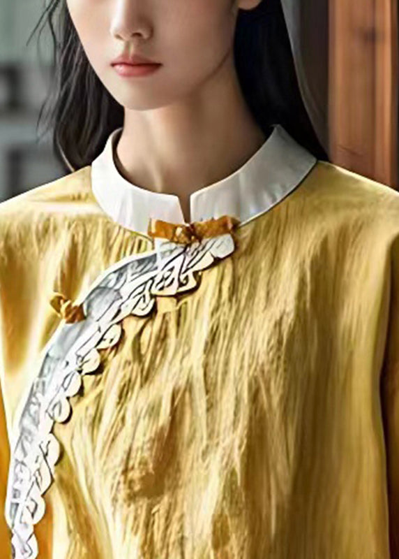Yellow Mandarin Collar Linen Shirt Top Summer