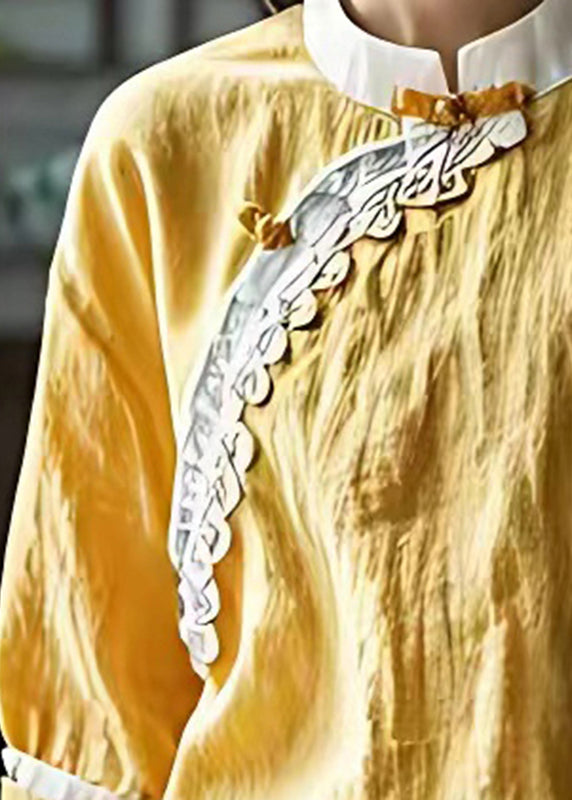 Yellow Mandarin Collar Linen Shirt Top Summer