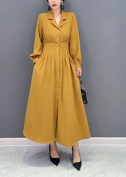 Yellow Notched Elastic Waist Wrinkled Spandex Long Dress Spring