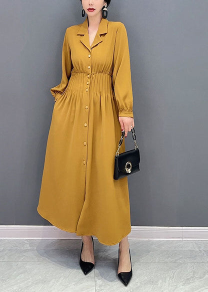 Yellow Notched Elastic Waist Wrinkled Spandex Long Dress Spring