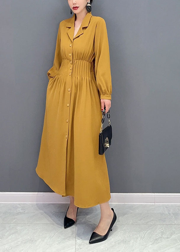 Yellow Notched Elastic Waist Wrinkled Spandex Long Dress Spring