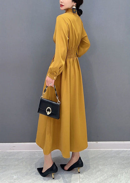 Yellow Notched Elastic Waist Wrinkled Spandex Long Dress Spring