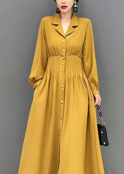 Yellow Notched Elastic Waist Wrinkled Spandex Long Dress Spring