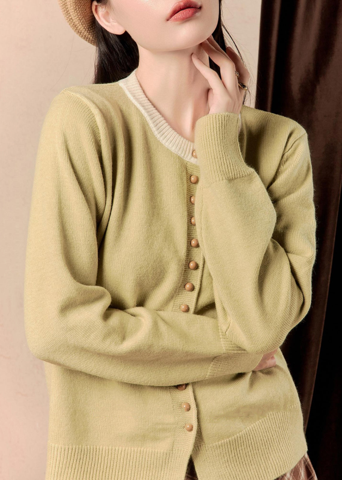 Yellow O Neck Button Knit Coats Winter