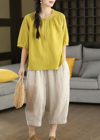Yellow O-neck Embroidered Cotton Shirt Top Summer