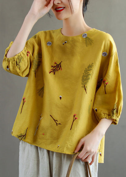 Yellow O-neck Embroideried Patchwork Linen T Shirts Summer