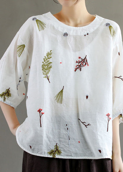Yellow O-neck Embroideried Patchwork Linen T Shirts Summer