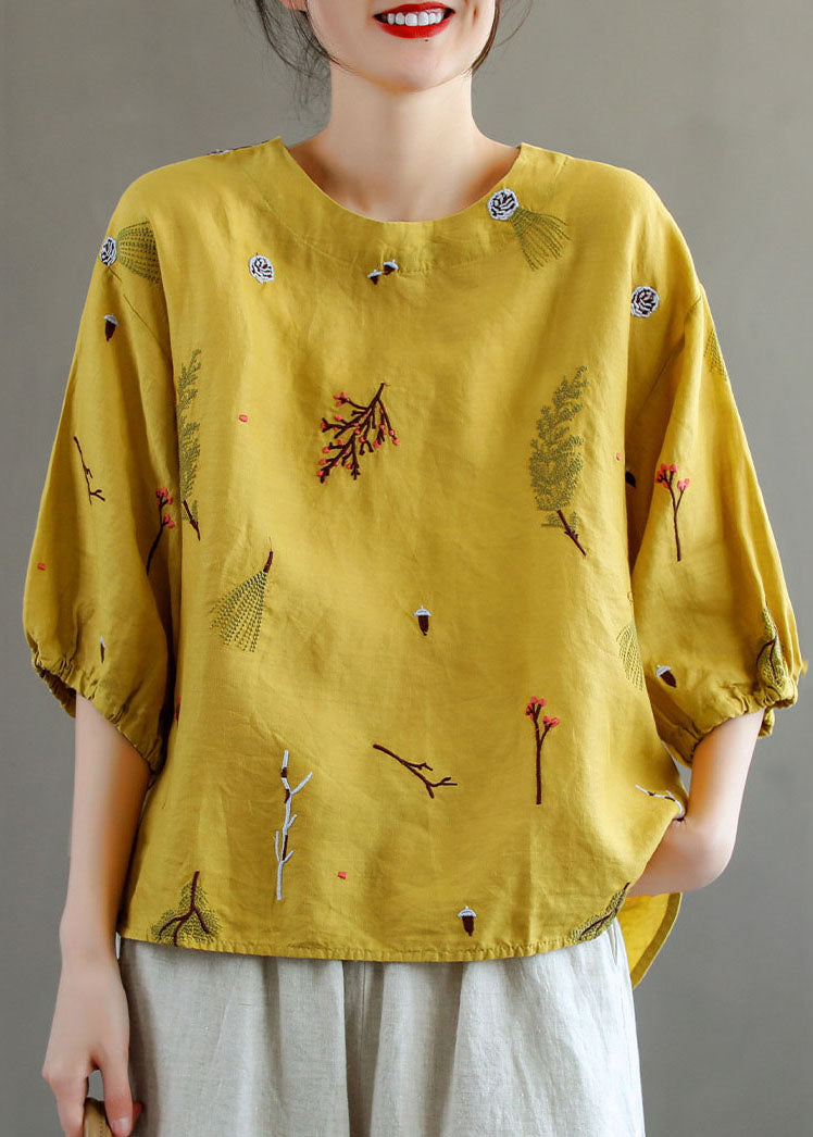 Yellow O-neck Embroideried Patchwork Linen T Shirts Summer