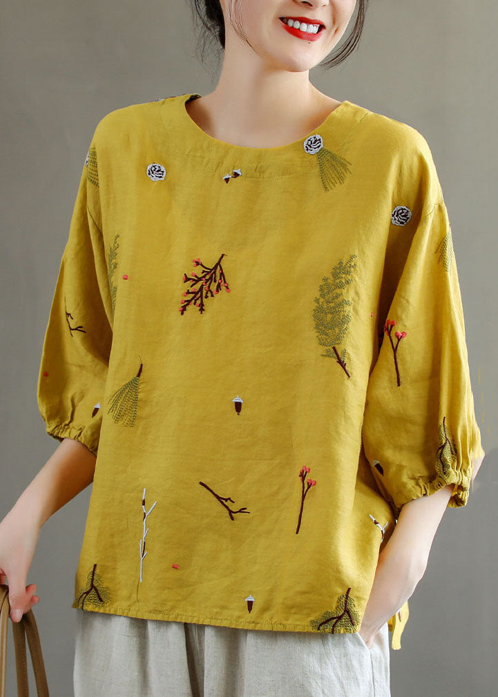 Yellow O-neck Embroideried Patchwork Linen T Shirts Summer