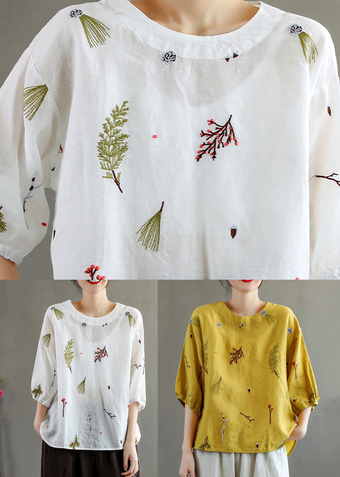 Yellow O-neck Embroideried Patchwork Linen T Shirts Summer