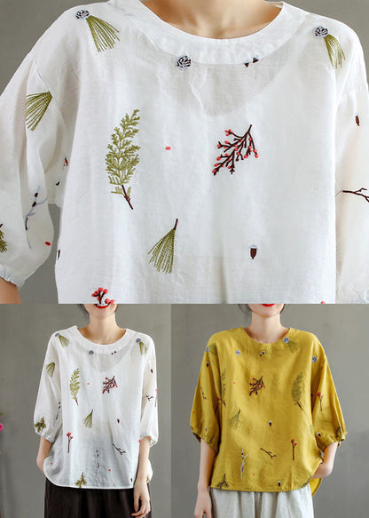 Yellow O-neck Embroideried Patchwork Linen T Shirts Summer