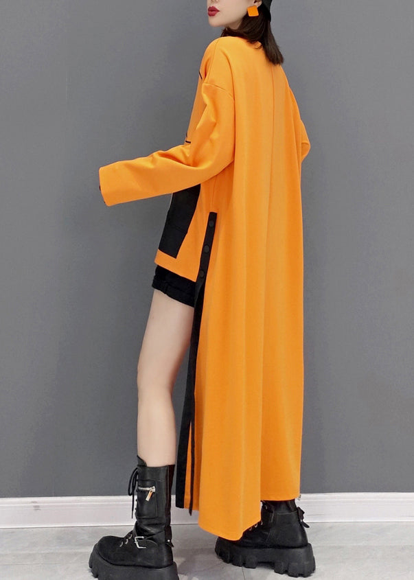 Yellow O Neck Low High Design Patchwork Cotton Dress Fall