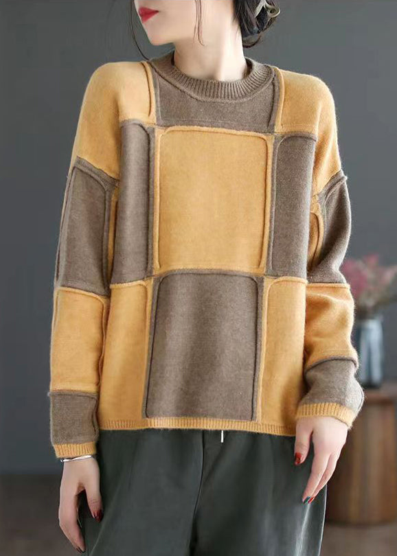 Yellow O-neck Patchwork Knit Top Long Sleeve