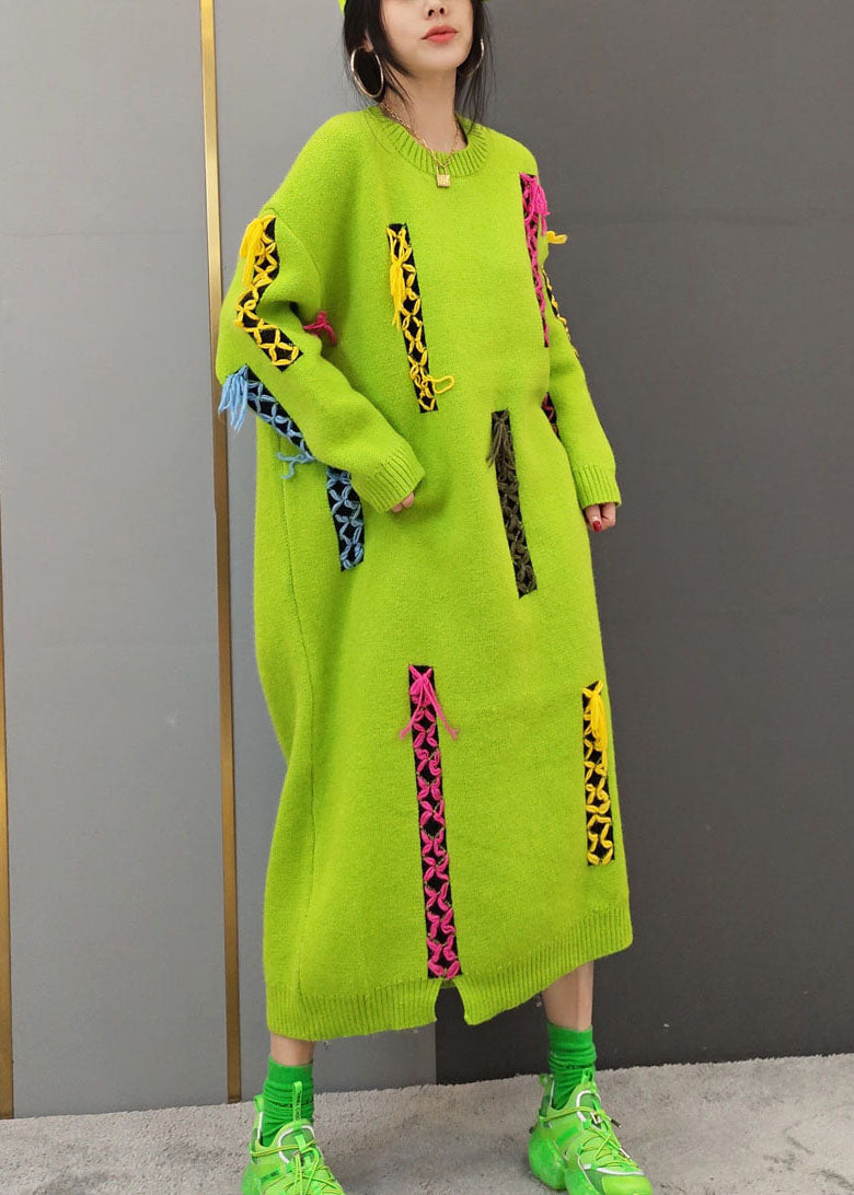 Yellow O-neck Patchwork Knit Long Dresses Long Sleeve