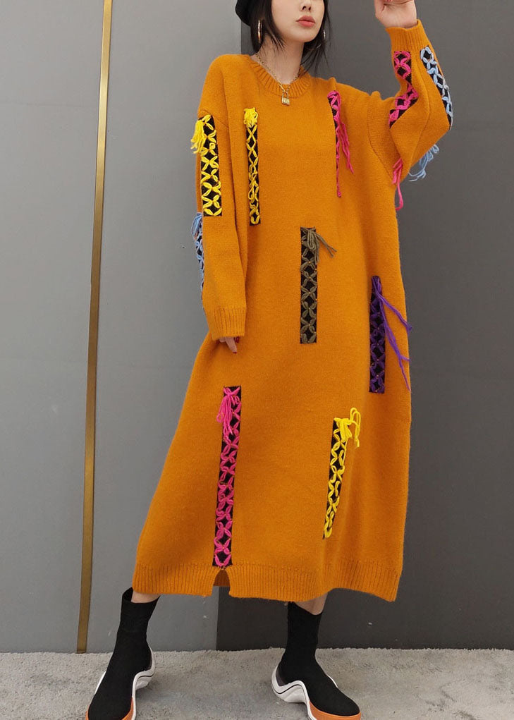 Yellow O-neck Patchwork Knit Long Dresses Long Sleeve