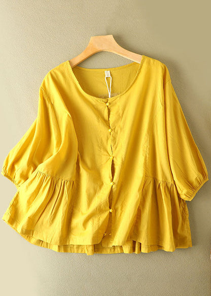 Yellow O-neck Patchwork Wrinkled Cotton Shirt Bracelet Sleeve