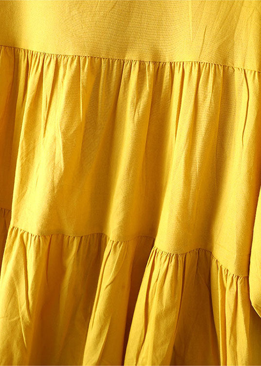 Yellow O-neck Patchwork Wrinkled Cotton Shirt Bracelet Sleeve