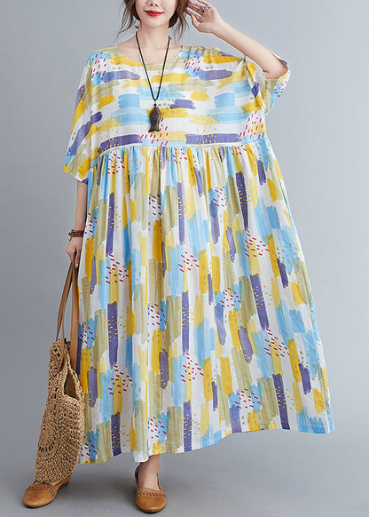 Yellow O-neck Print Long Dress Spring