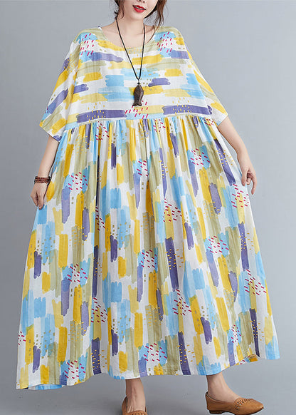 Yellow O-neck Print Long Dress Spring