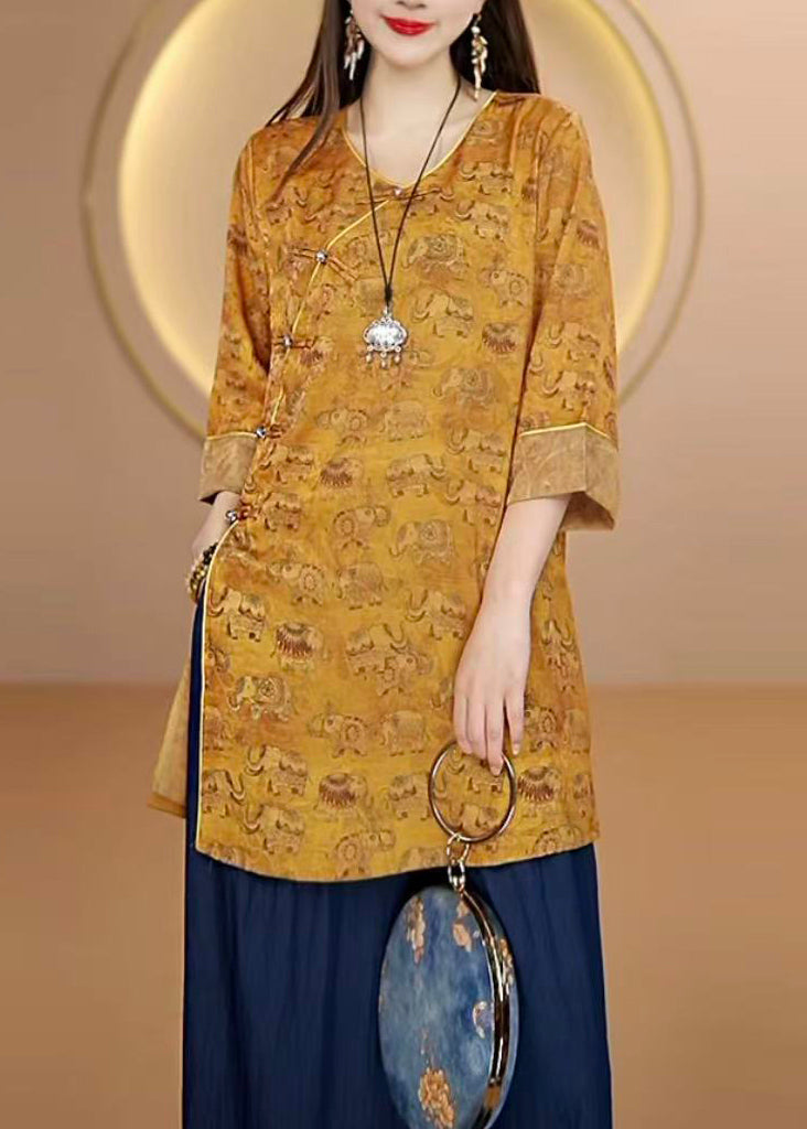Yellow O Neck Print Oriental Button Silk Top Bracelet Sleeve