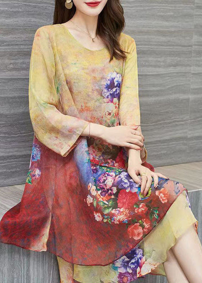 Yellow O Neck Print Patchwork Chiffon Dress Summer