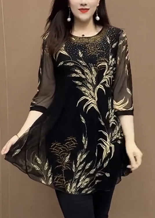 Yellow O Neck Print Patchwork Chiffon Shirt Top Bracelet Sleeve