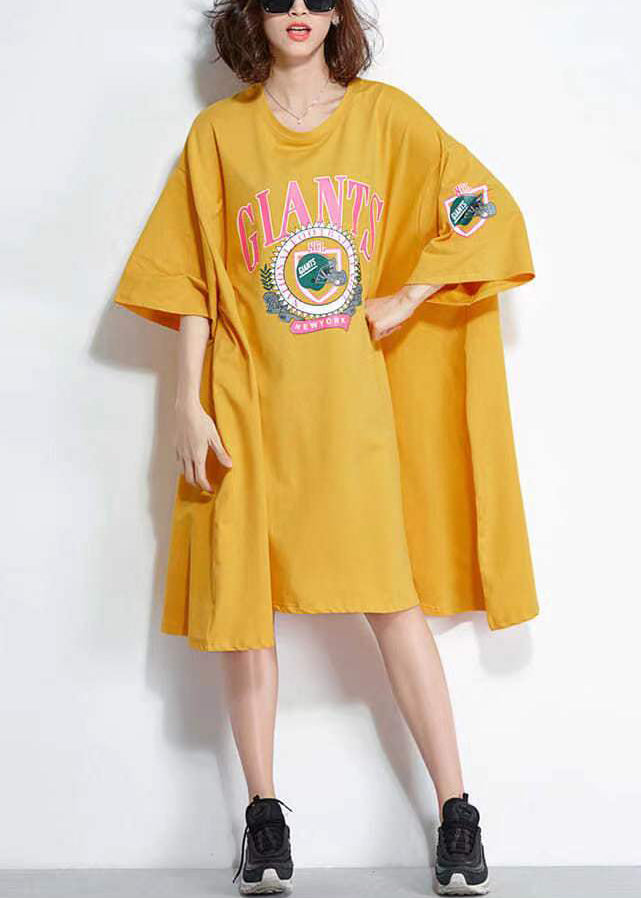 Yellow O Neck Print Patchwork Cotton Mid Dress Summer
