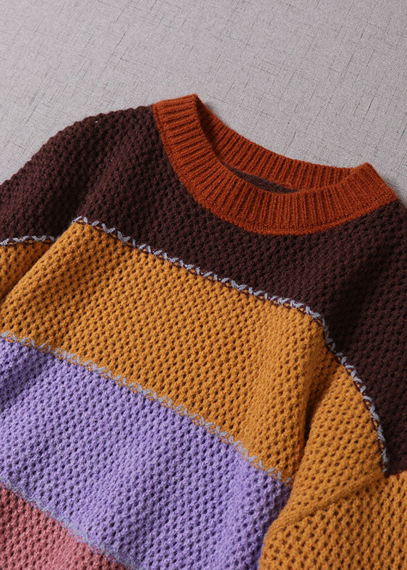 Yellow O-neck Striped Knit Pullover Spring
