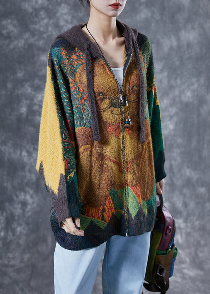 Yellow Oversized Bear Print Rabbit Hair Knit Coats Winter
