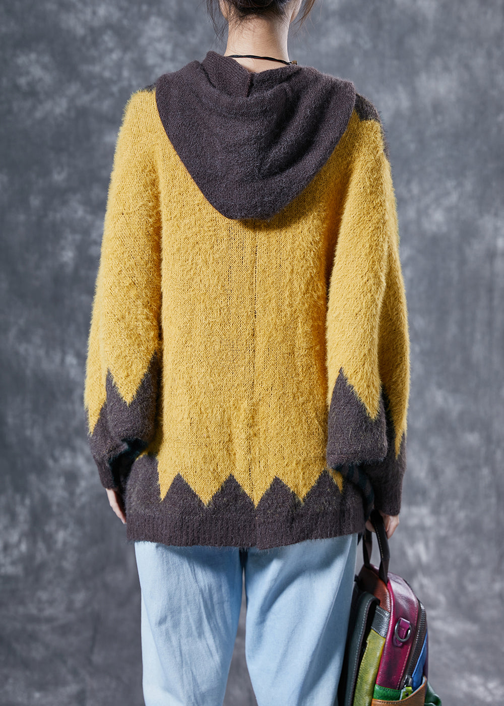Yellow Oversized Bear Print Rabbit Hair Knit Coats Winter