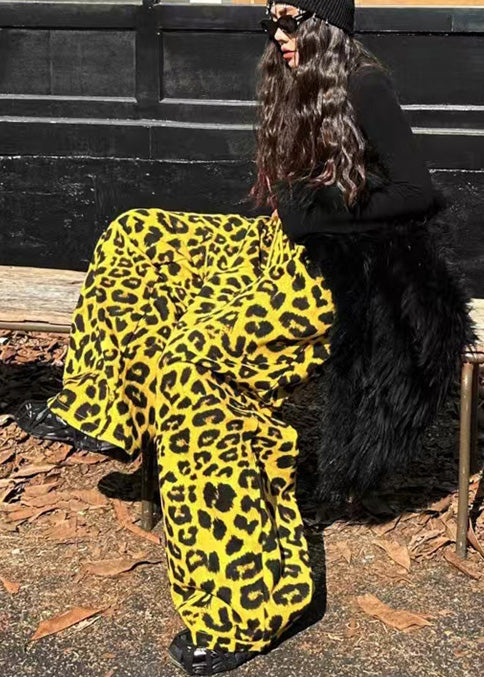 Yellow Oversized Leopard Print Warm Fleece Pants Spring