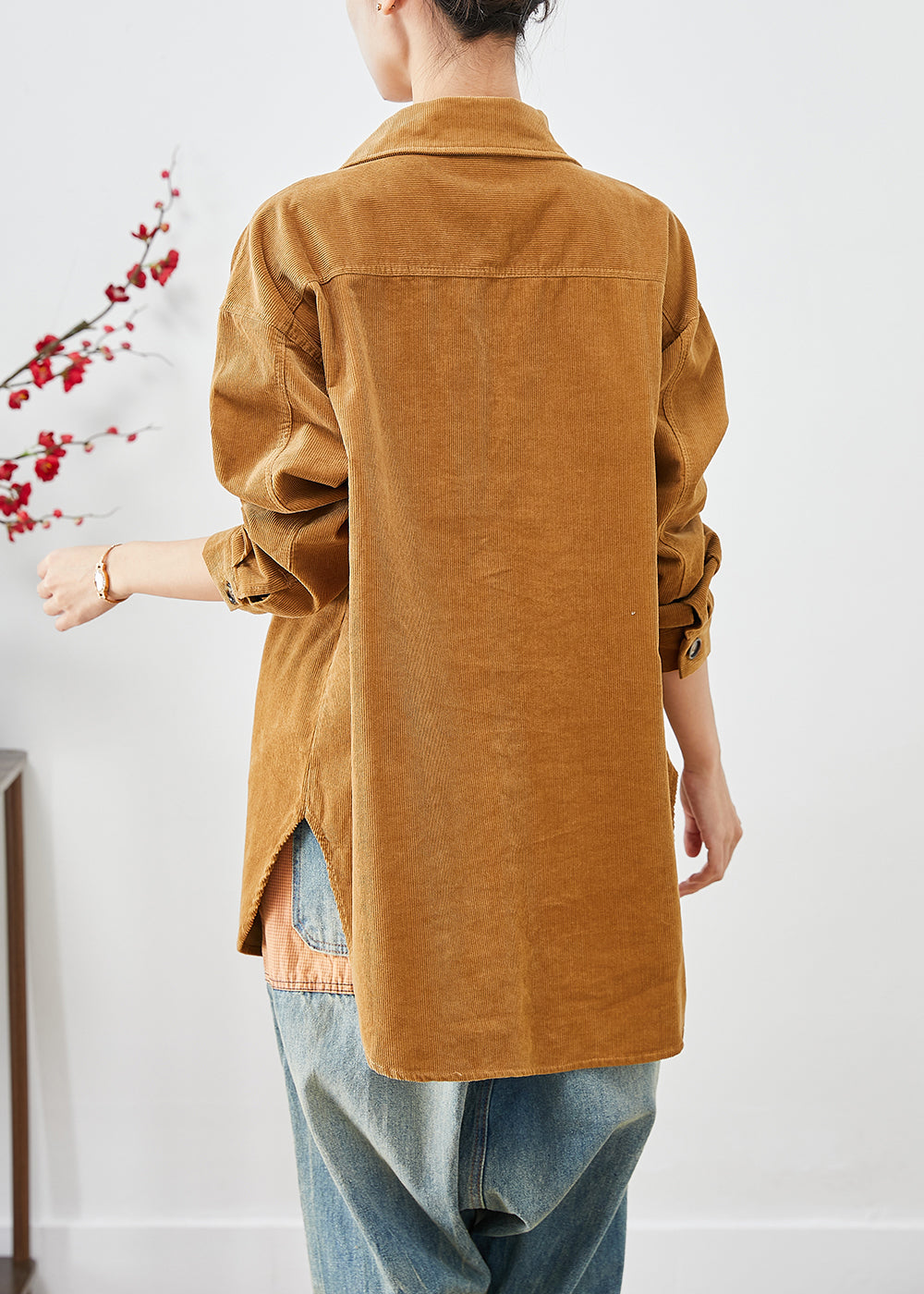 Yellow Oversized Pockets Corduroy Coats Fall
