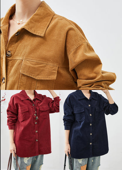 Yellow Oversized Pockets Corduroy Coats Fall