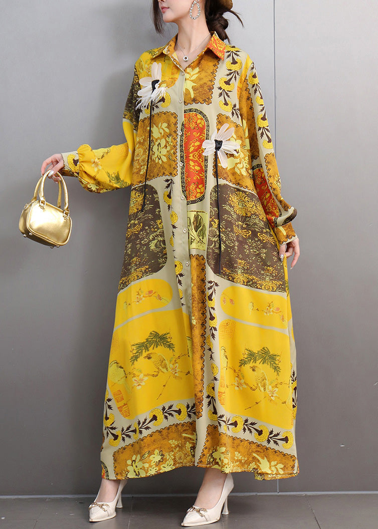 Yellow Oversized Print Chiffon Long Dresses Fall