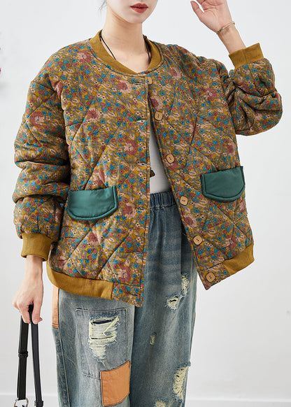 Yellow Oversized Print Fine Cotton Filled Winter Coats Winter