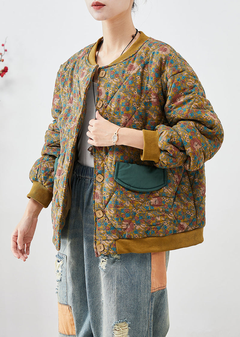 Yellow Oversized Print Fine Cotton Filled Winter Coats Winter